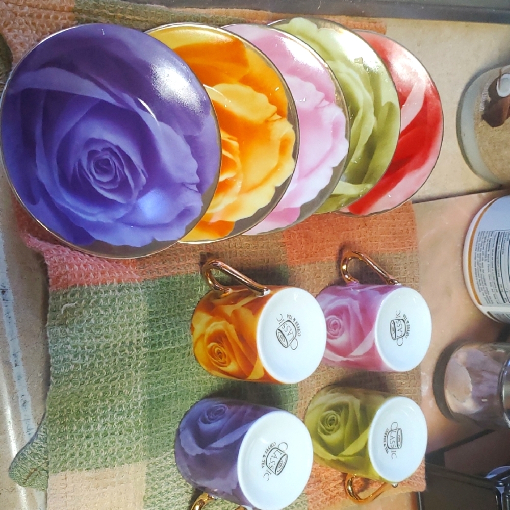 Colorful Floral Tea Set with Gold Handles